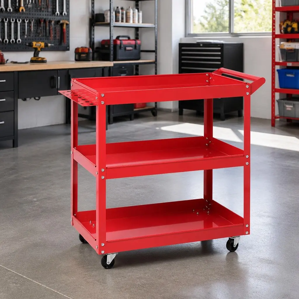 3-Tier Tool Cart Red Heavy-Duty Steel Construction Lockable Castors