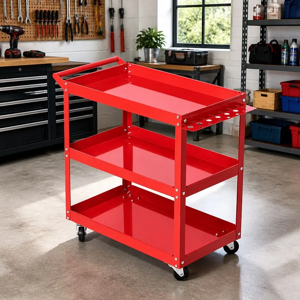 3-Tier Tool Cart Red Heavy-Duty Steel Construction Lockable Castors