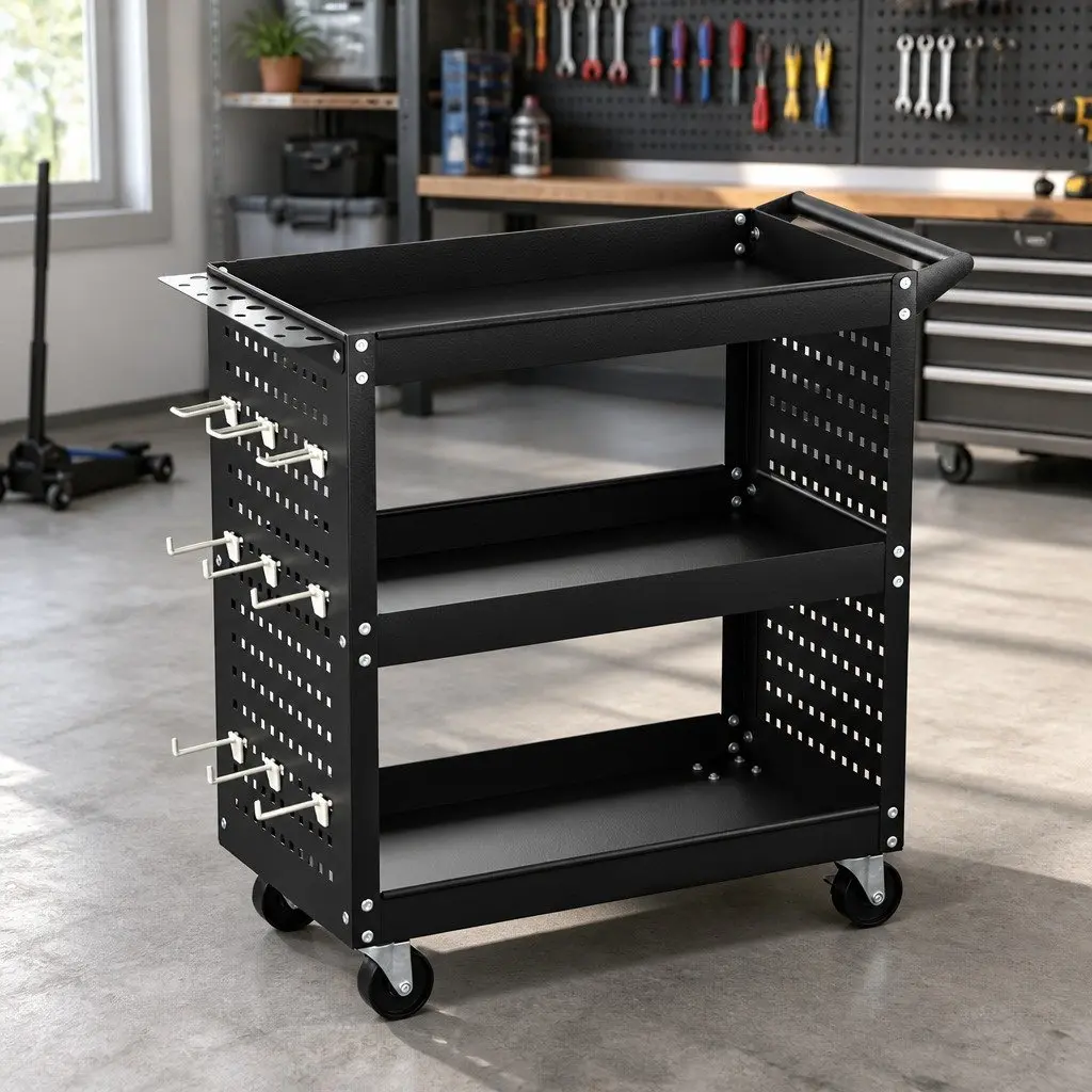 3-Tier Tool Cart Black Steel Pegboard Hooks 360-Degree Castors