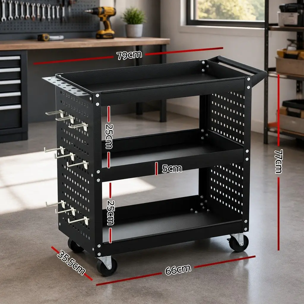 3-Tier Tool Cart Black Steel Pegboard Hooks 360-Degree Castors
