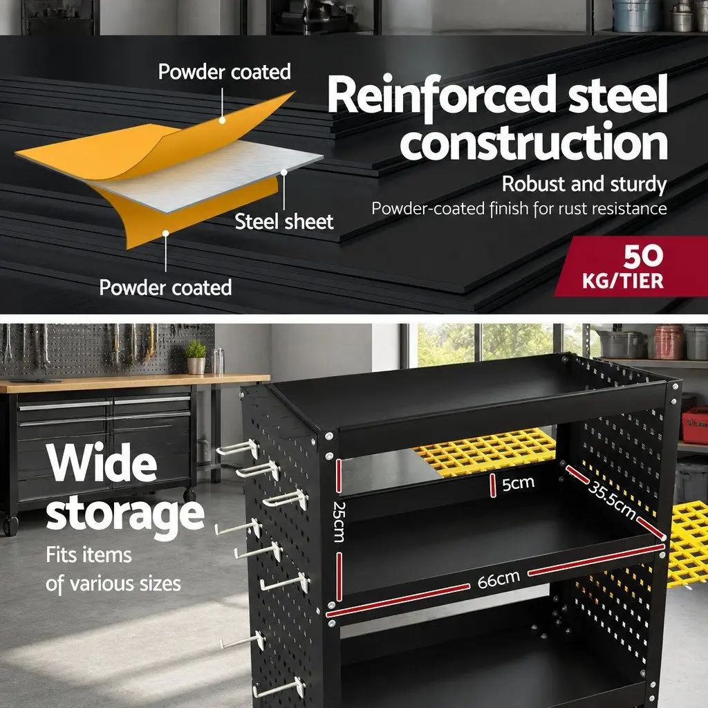 3-Tier Tool Cart Black Steel Pegboard Hooks 360-Degree Castors