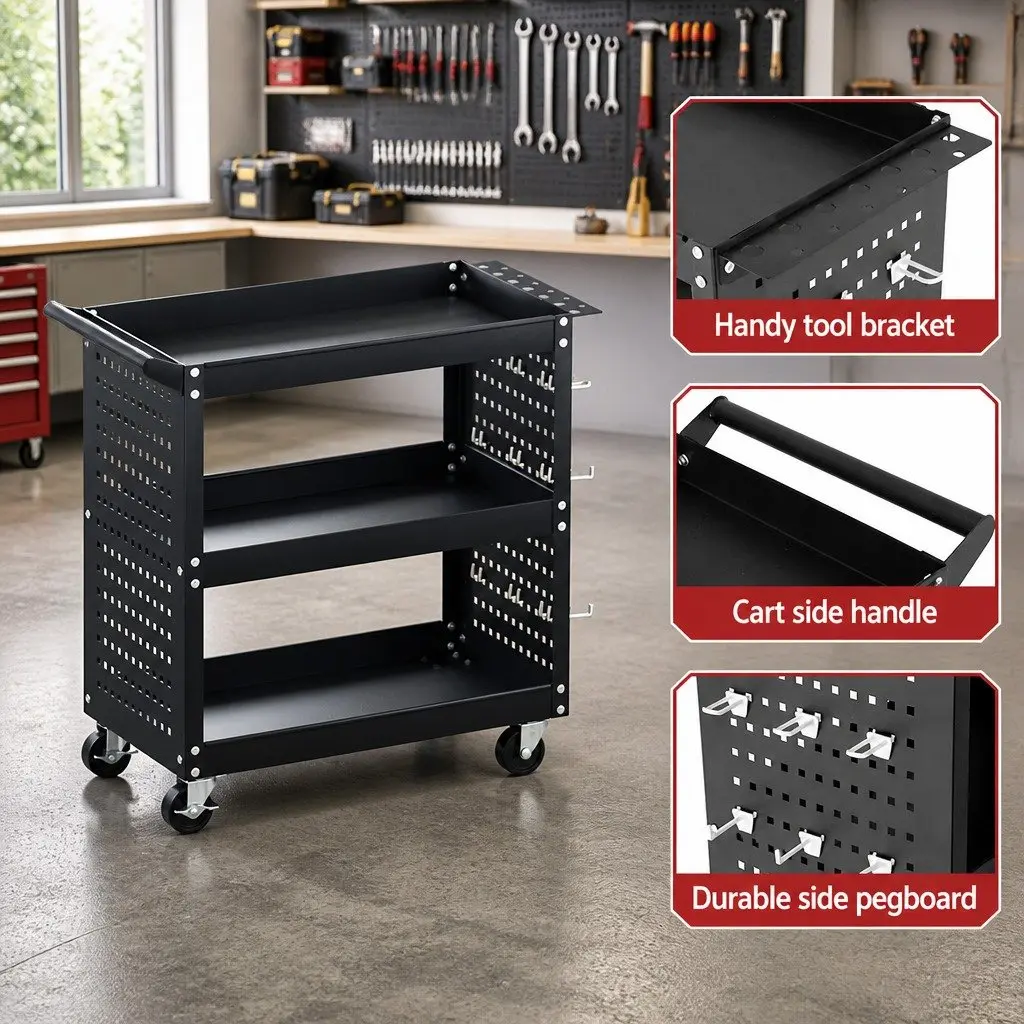 3-Tier Tool Cart Black Steel Pegboard Hooks 360-Degree Castors