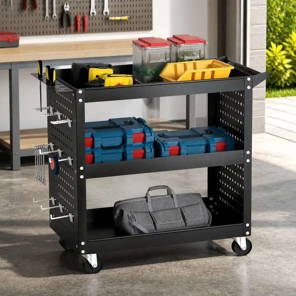 3-Tier Tool Cart Black Steel Pegboard Hooks 360-Degree Castors