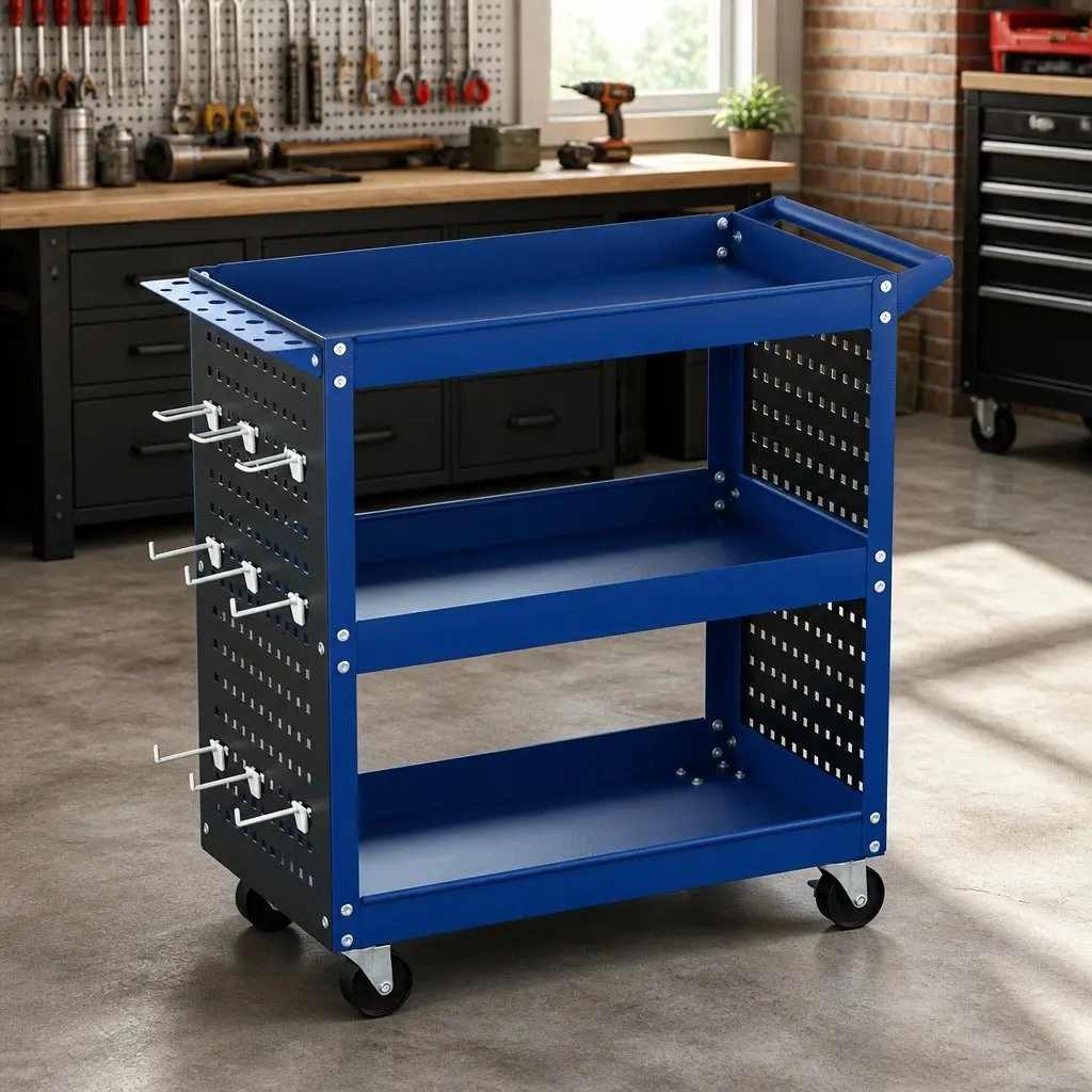 3-Tier Tool Cart Blue Steel Pegboard Hanging System
