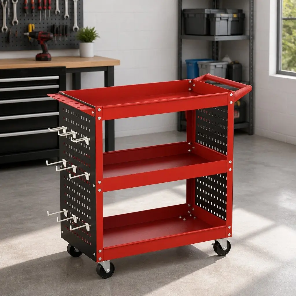 3-Tier Tool Cart Red with Pegboard System and Screwdriver Storage 79cm x 35.5cm x 77cm