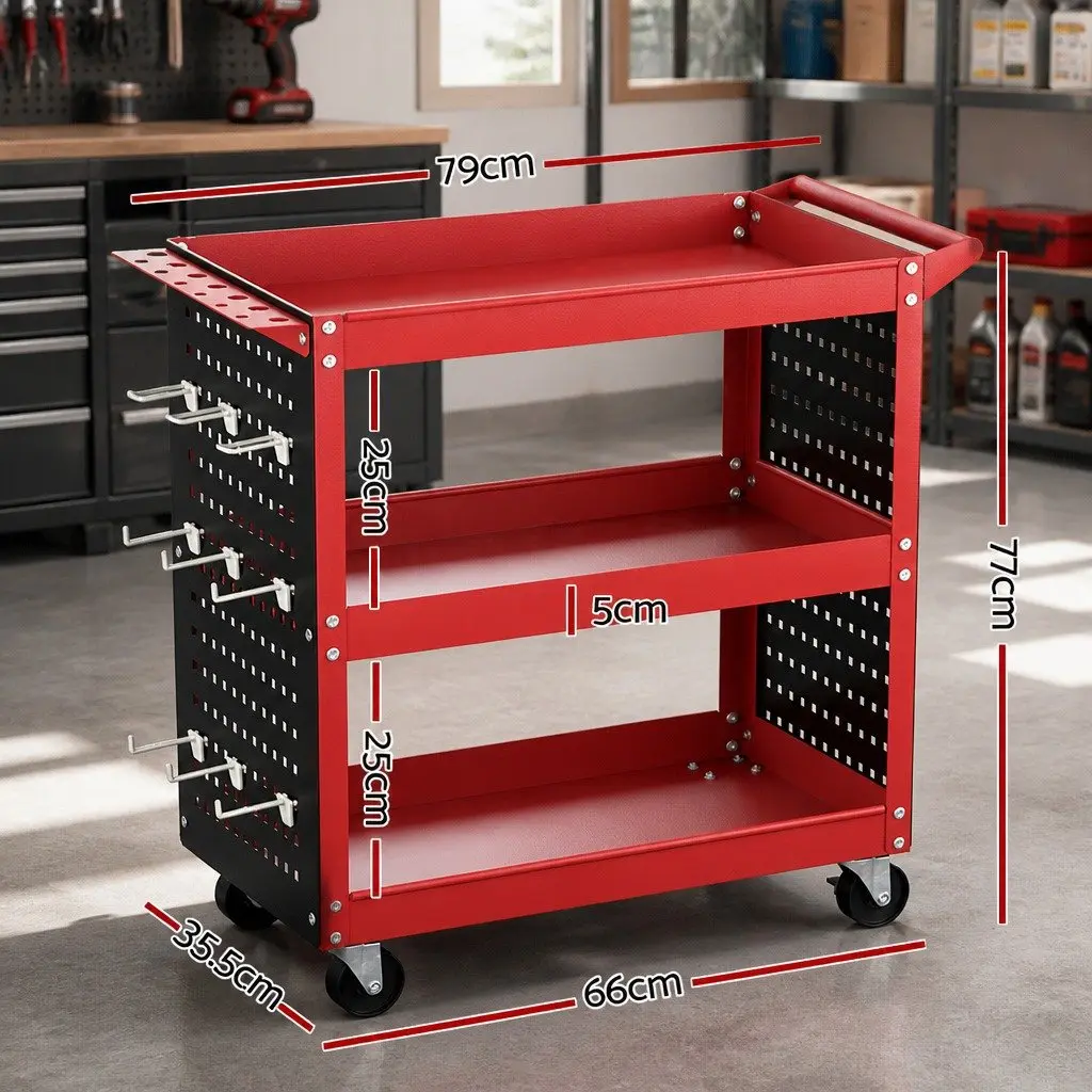 3-Tier Tool Cart Red with Pegboard System and Screwdriver Storage 79cm x 35.5cm x 77cm