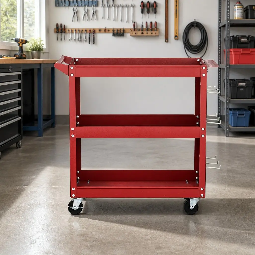 3-Tier Tool Cart Red with Pegboard System and Screwdriver Storage 79cm x 35.5cm x 77cm