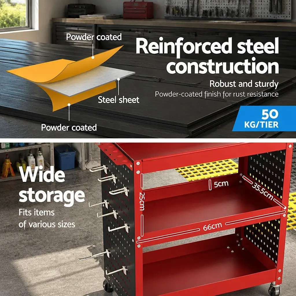 3-Tier Tool Cart Red with Pegboard System and Screwdriver Storage 79cm x 35.5cm x 77cm