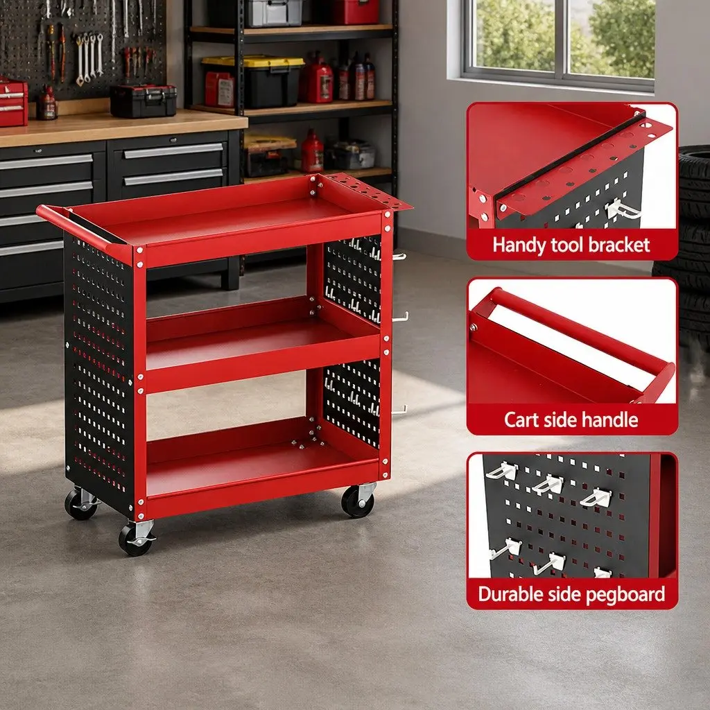 3-Tier Tool Cart Red with Pegboard System and Screwdriver Storage 79cm x 35.5cm x 77cm