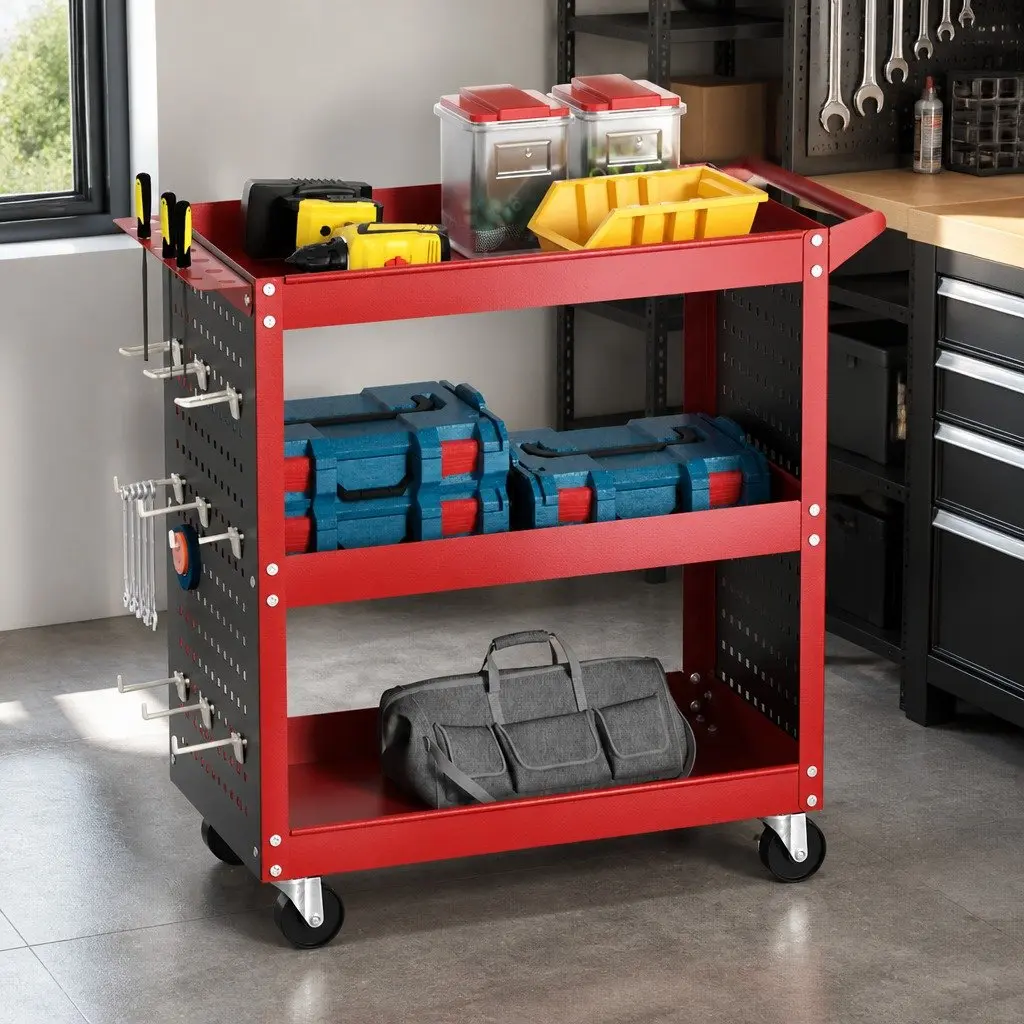 3-Tier Tool Cart Red with Pegboard System and Screwdriver Storage 79cm x 35.5cm x 77cm