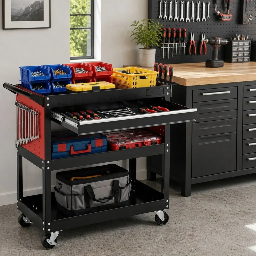 Tool Trolley Cart Black Red Steel Mobile Workshop Storage Organizer with Drawers and Pegboard