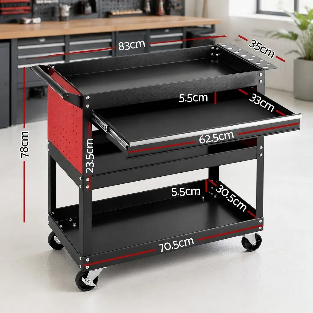 Tool Trolley Cart Black Red Steel Mobile Workshop Storage Organizer with Drawers and Pegboard