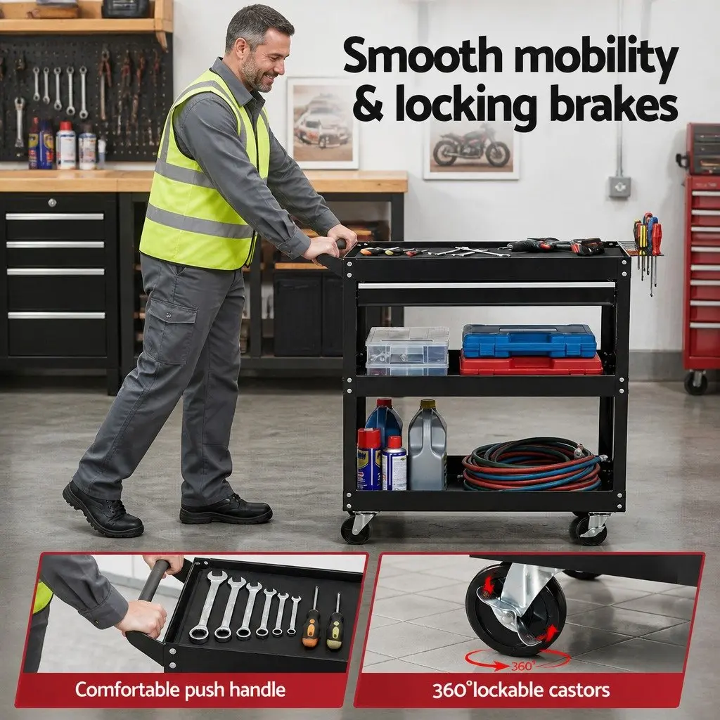 Tool Trolley Cart Black Red Steel Mobile Workshop Storage Organizer with Drawers and Pegboard