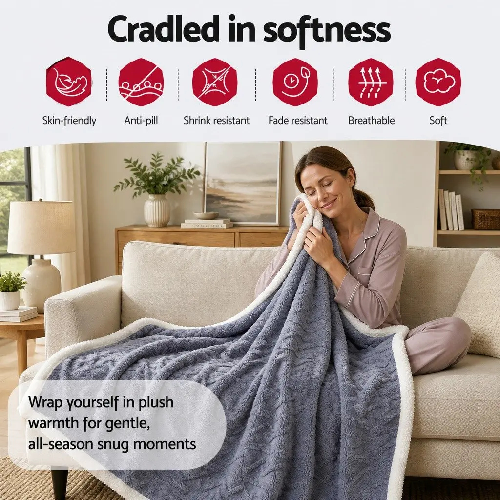Double-Sided Fleece Throw Blanket Blue 203x230cm Lightweight Warm Soft