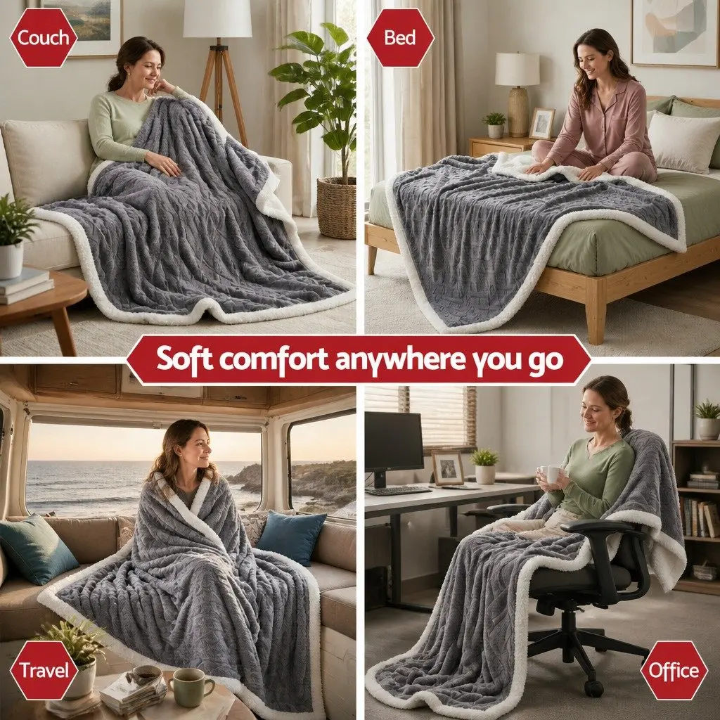 Double-Sided Fleece Throw Blanket Blue 203x230cm Lightweight Warm Soft