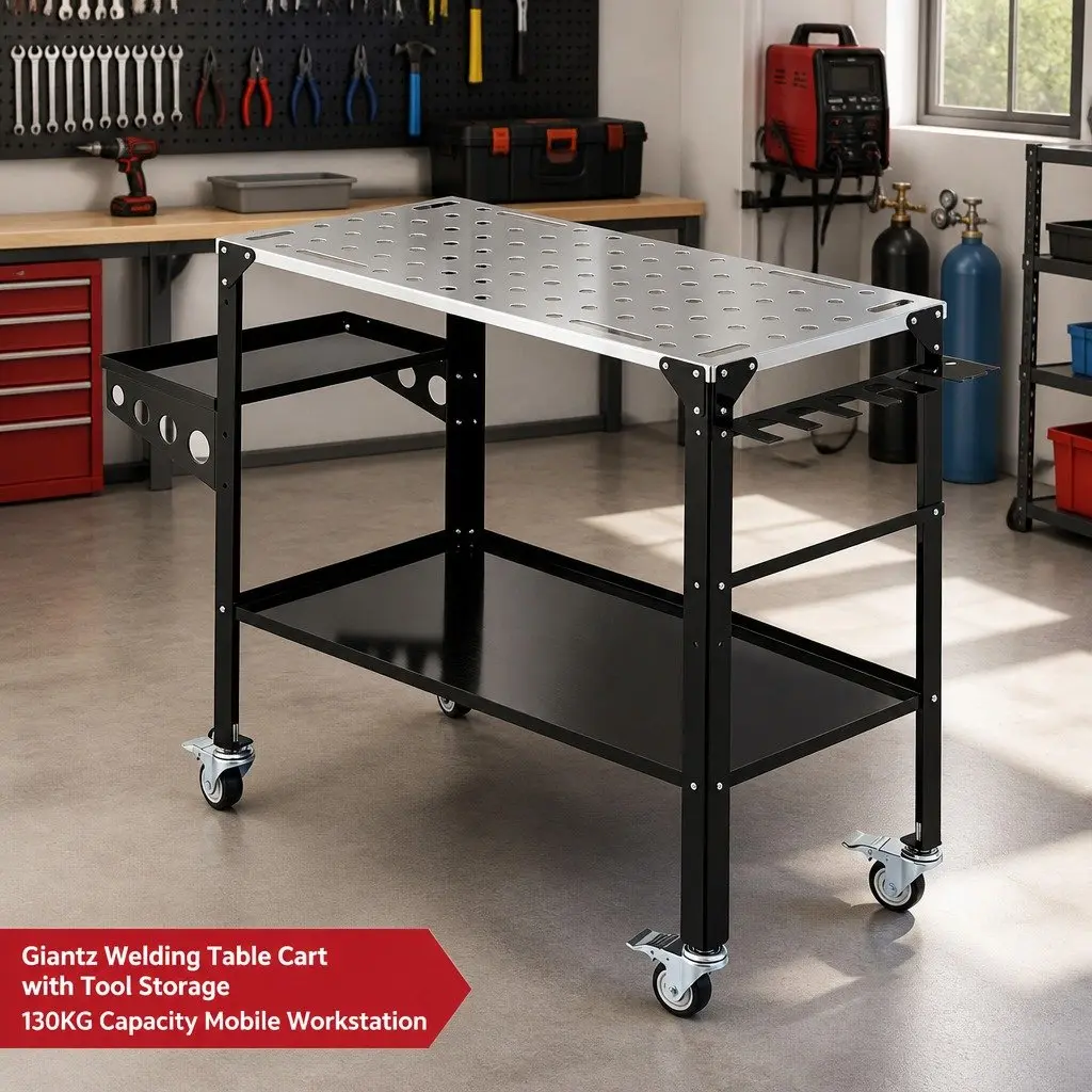 Welding Table Cart Black 130KG Capacity Mobile Workstation with Tool Storage and Lockable Casters