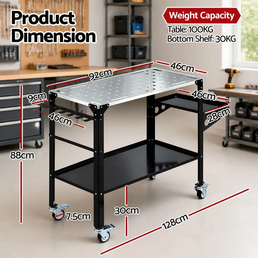 Welding Table Cart Black 130KG Capacity Mobile Workstation with Tool Storage and Lockable Casters