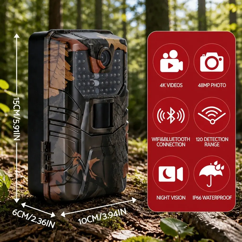 Trail Camera Green Camouflage 48MP 4K WiFi Wildlife Surveillance with 0.2 Second Trigger Speed
