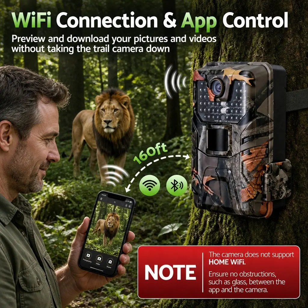 Trail Camera Green Camouflage 48MP 4K WiFi Wildlife Surveillance with 0.2 Second Trigger Speed