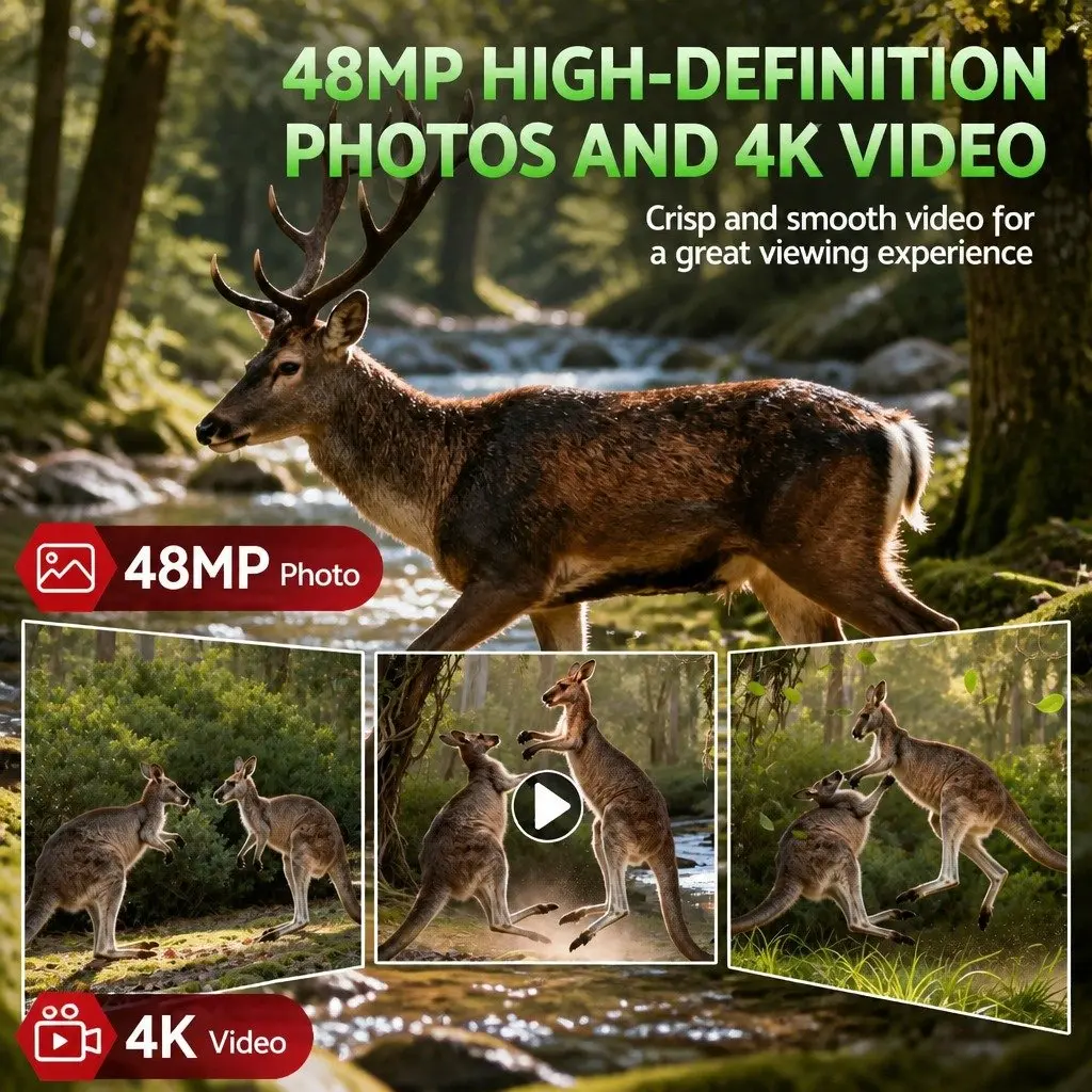 Trail Camera Green Camouflage 48MP 4K WiFi Wildlife Surveillance with 0.2 Second Trigger Speed