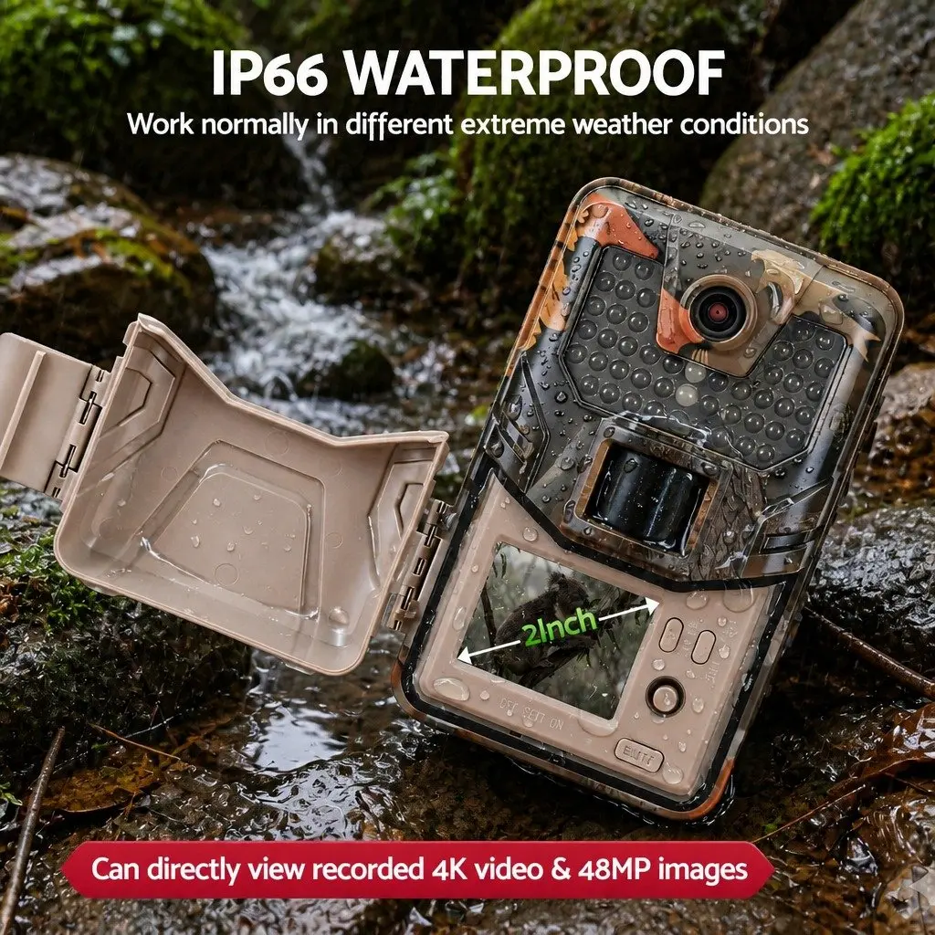 Trail Camera Green Camouflage 48MP 4K WiFi Wildlife Surveillance with 0.2 Second Trigger Speed