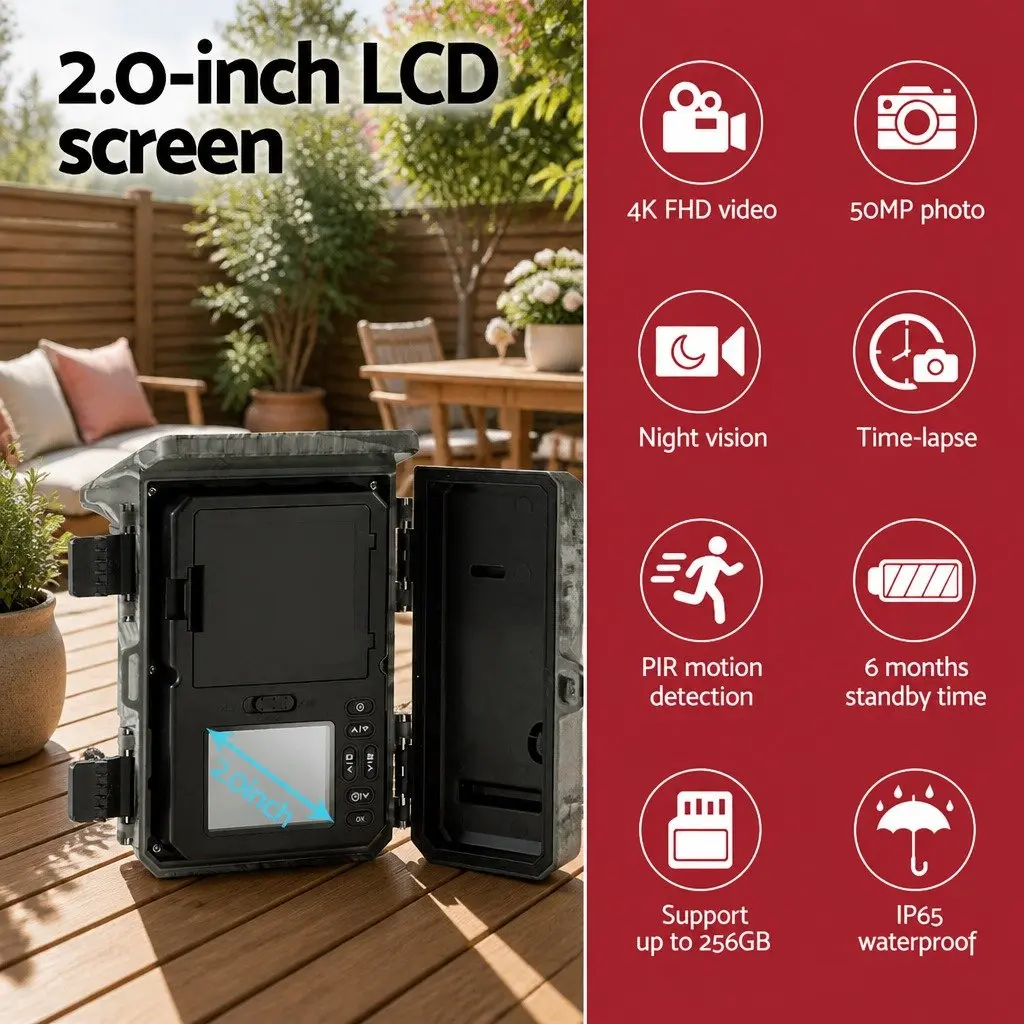 Solar Trail Camera Camouflage Green 50MP 4K High-Resolution Imaging PIR Motion Detection Infrared Night Vision