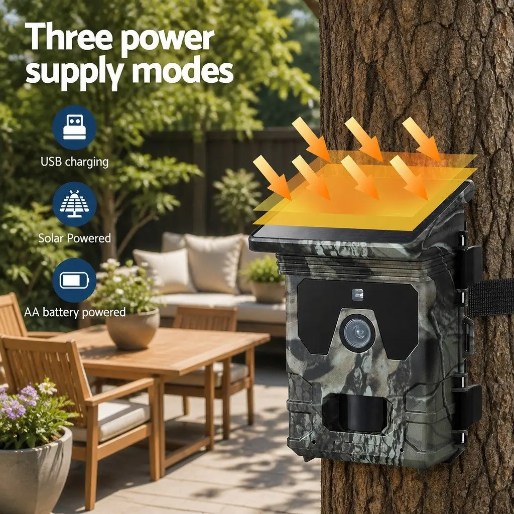 Solar Trail Camera Camouflage Green 50MP 4K High-Resolution Imaging PIR Motion Detection Infrared Night Vision
