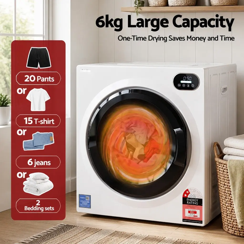 Tumble Dryer White 6kg Touch Screen Control Stainless Steel Drum 4 Drying Modes