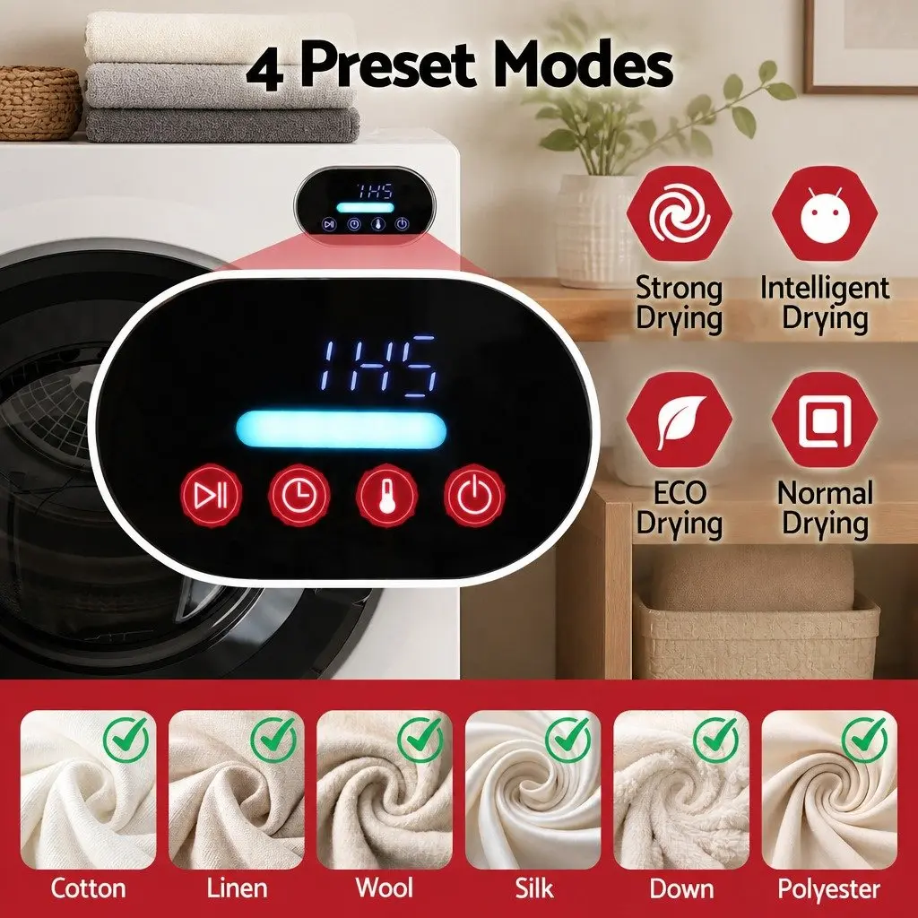 Tumble Dryer White 6kg Touch Screen Control Stainless Steel Drum 4 Drying Modes