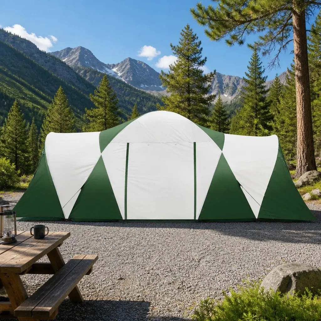 12 Person Dome Camping Tent Green 3 Room Outdoor Shelter with Mesh Windows and Oversized Zipper Doors