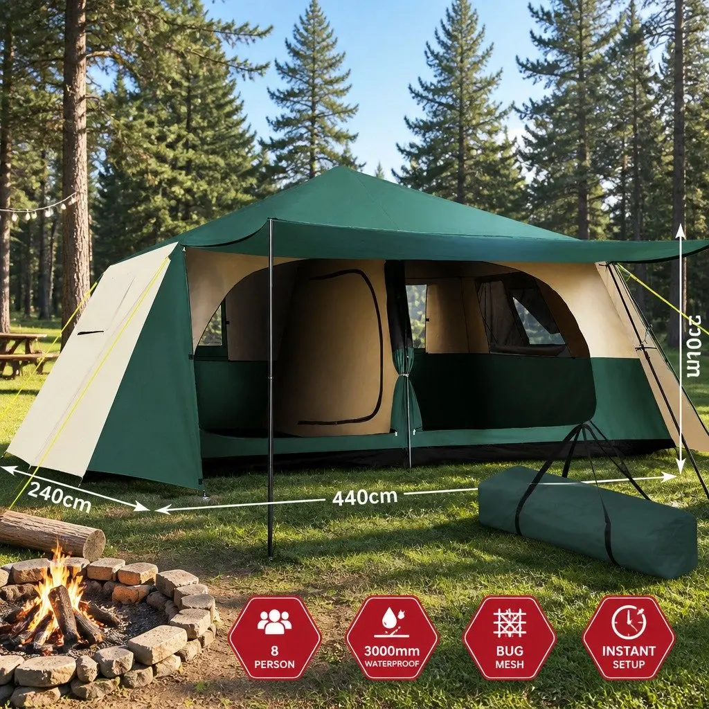 8 Person Dome Camping Tent Green Automatic Frame Instant Setup Family Hiking Outdoor