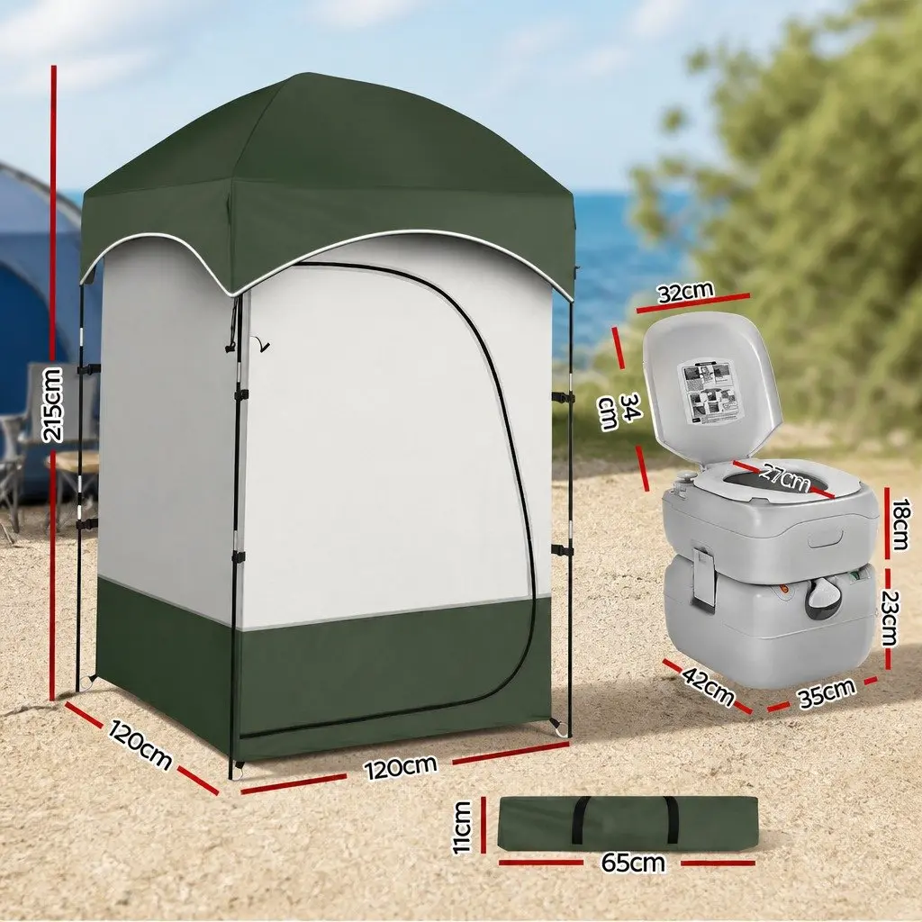 Portable Toilet Shower Tent Set Grey Green 22L Waste Tank 14L Freshwater Tank Quick Assembly Outdoor Privacy Ensuite