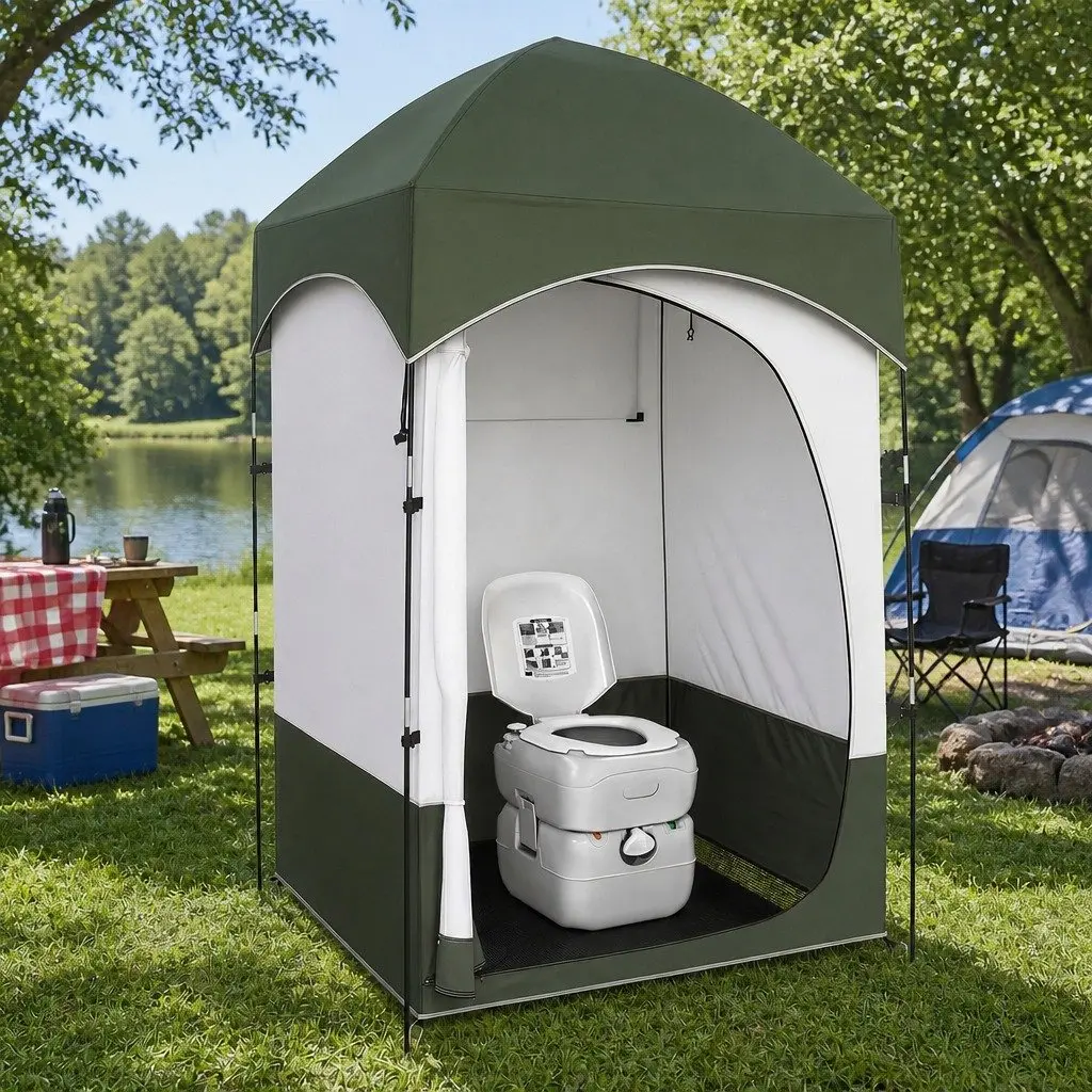 Portable Toilet Shower Tent Set Grey Green 22L Waste Tank 14L Freshwater Tank Quick Assembly Outdoor Privacy Ensuite