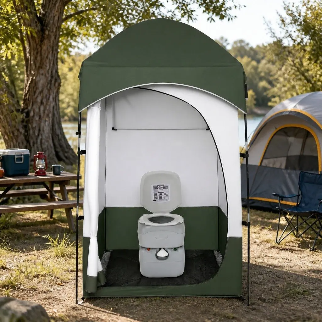 Portable Toilet Shower Tent Set Grey Green 22L Waste Tank 14L Freshwater Tank Quick Assembly Outdoor Privacy Ensuite