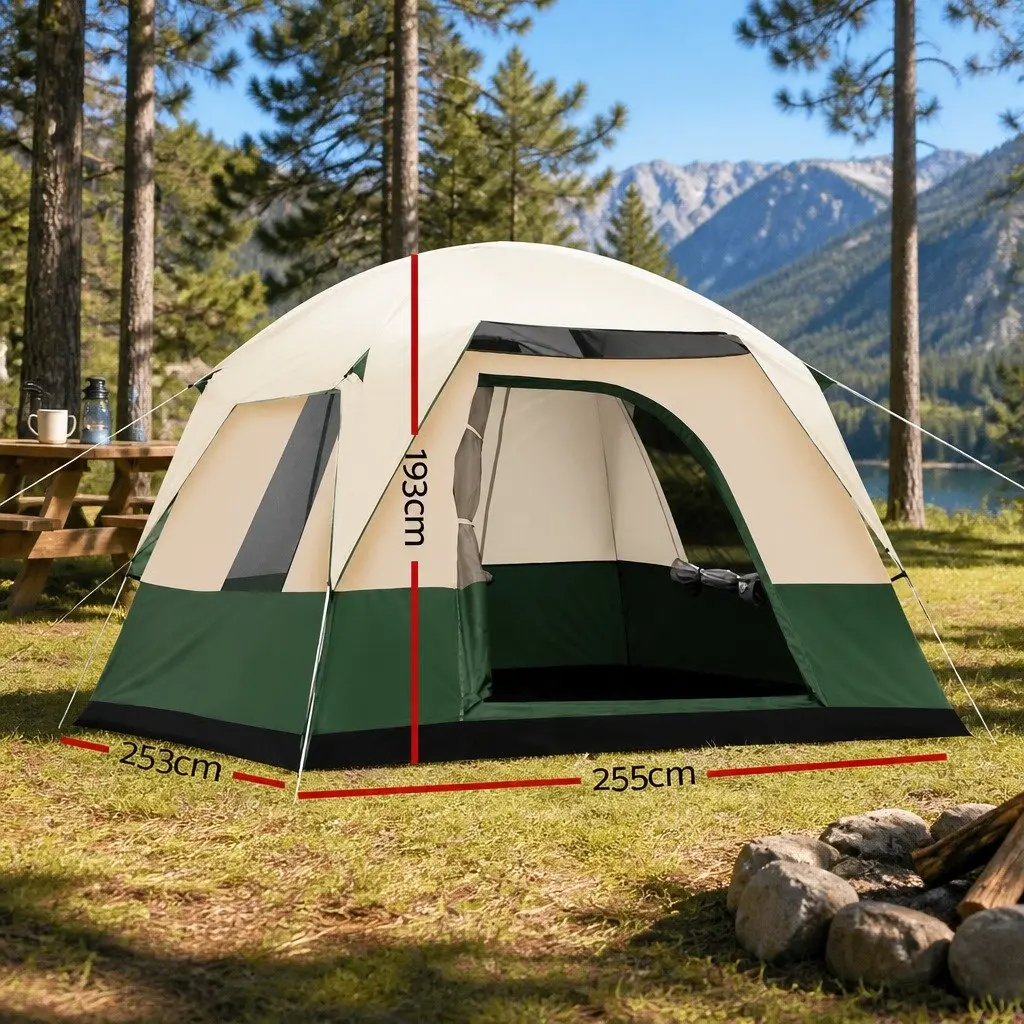 4 Person Camping Tent Green Polyester Spacious Outdoor Family Shelter