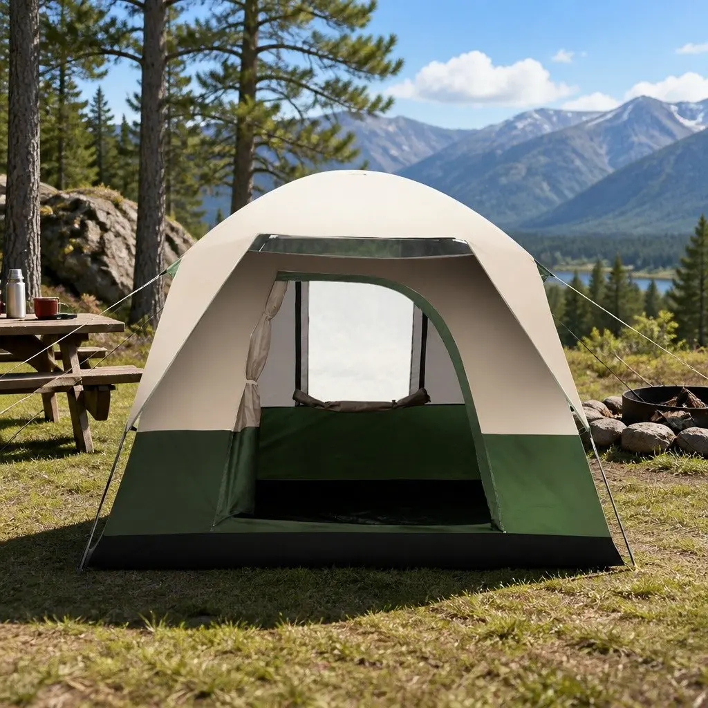 4 Person Camping Tent Green Polyester Spacious Outdoor Family Shelter