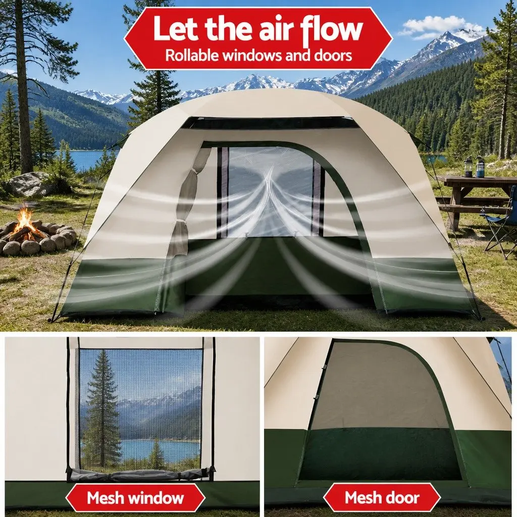 4 Person Camping Tent Green Polyester Spacious Outdoor Family Shelter