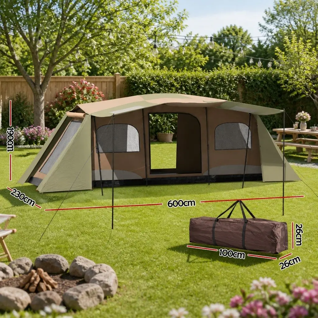 10 Person Camping Tent Brown 3 Room Instant Setup Outdoor Hiking Shelter