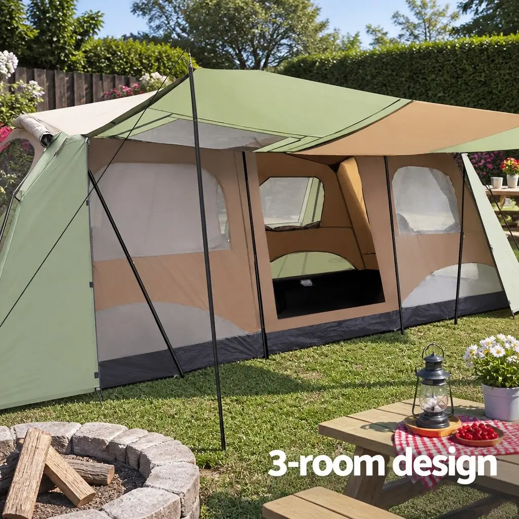 10 Person Camping Tent Brown 3 Room Instant Setup Outdoor Hiking Shelter