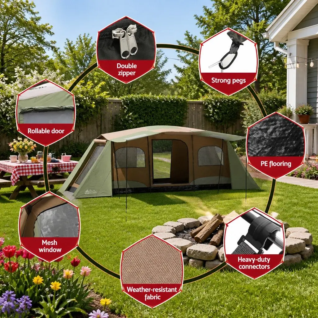 10 Person Camping Tent Brown 3 Room Instant Setup Outdoor Hiking Shelter