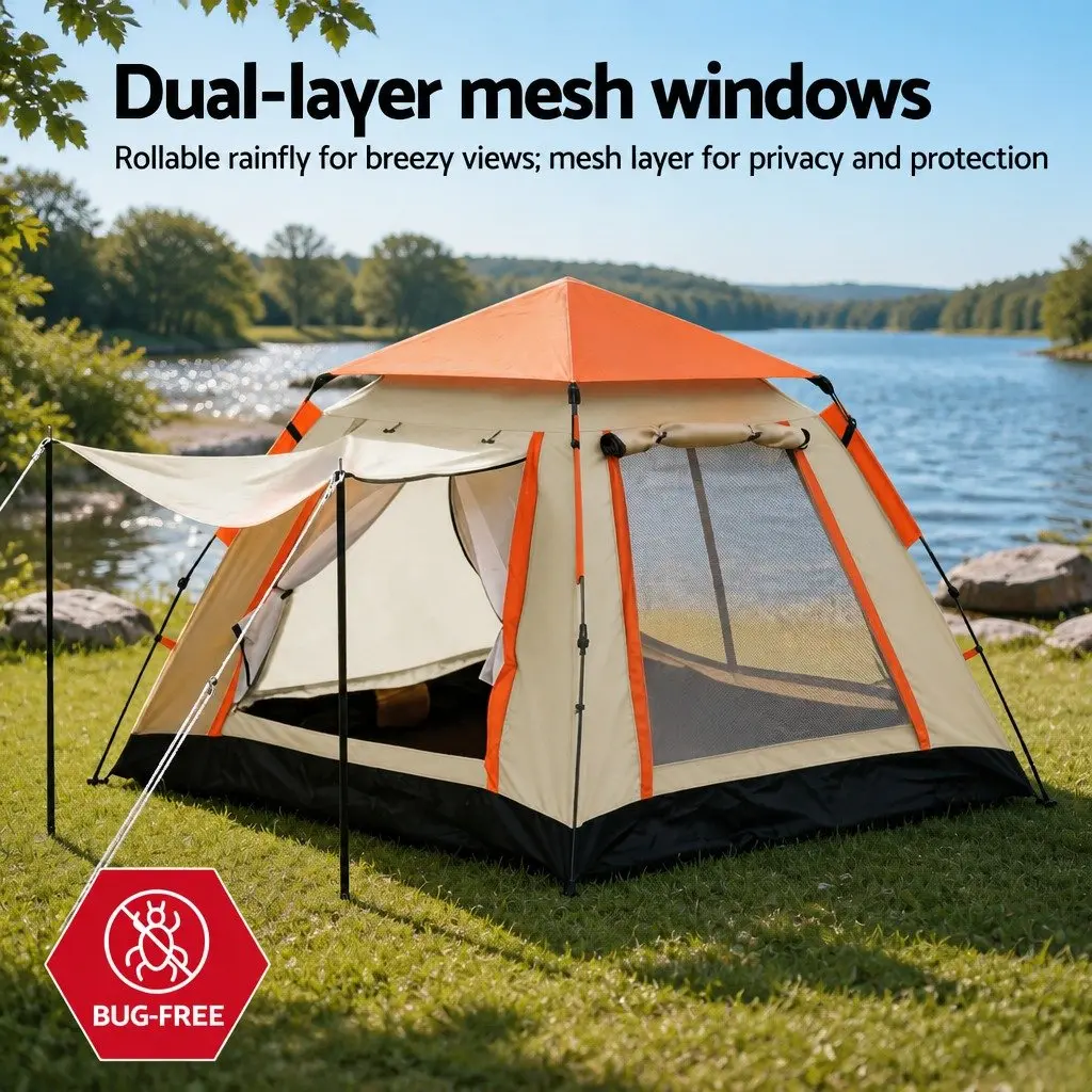 Pop Up Camping Tent Beige 3-4 Person Automatic Instant Setup Waterproof Outdoor