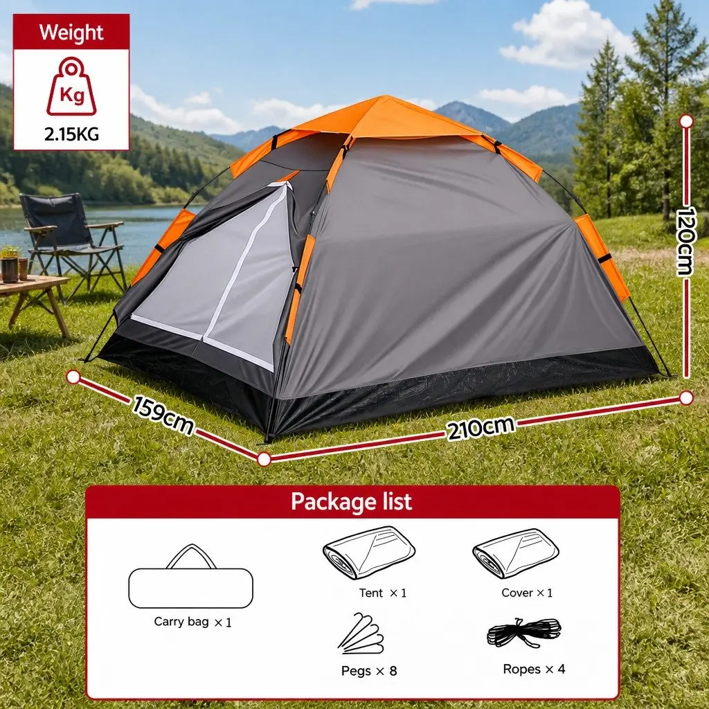 2 Person Grey Instant Pop Up Camping Tent Automatic Waterproof with Mesh Roof Ventilation