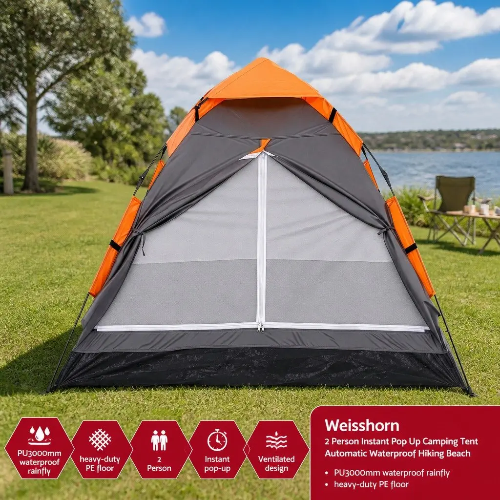 2 Person Grey Instant Pop Up Camping Tent Automatic Waterproof with Mesh Roof Ventilation