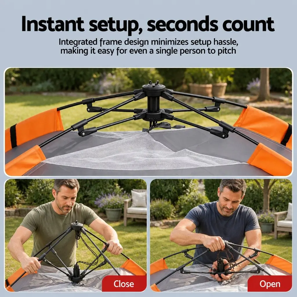 2 Person Grey Instant Pop Up Camping Tent Automatic Waterproof with Mesh Roof Ventilation