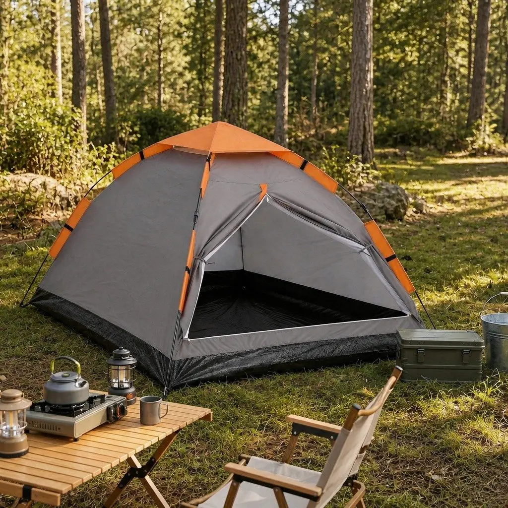 2 Person Grey Instant Pop Up Camping Tent Automatic Waterproof with Mesh Roof Ventilation
