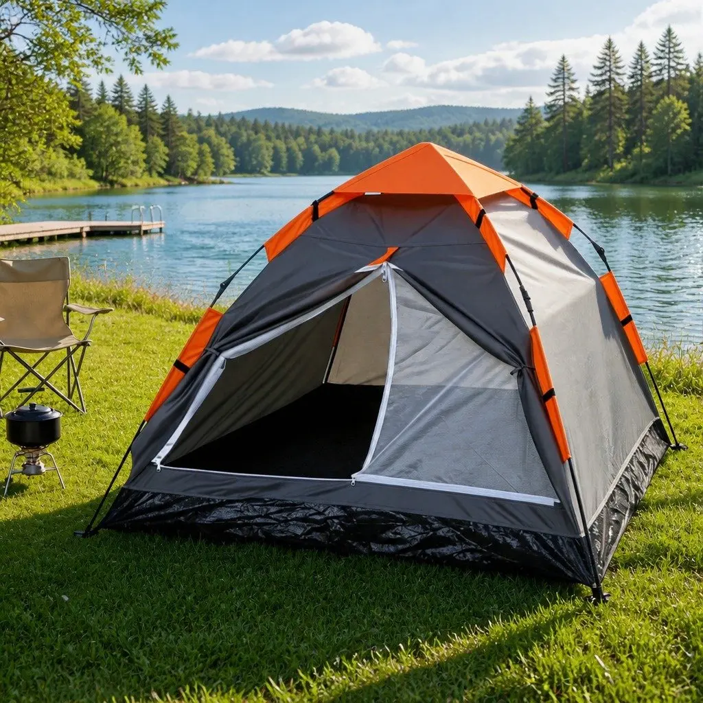 2 Person Grey Instant Pop Up Camping Tent Automatic Waterproof with Mesh Roof Ventilation