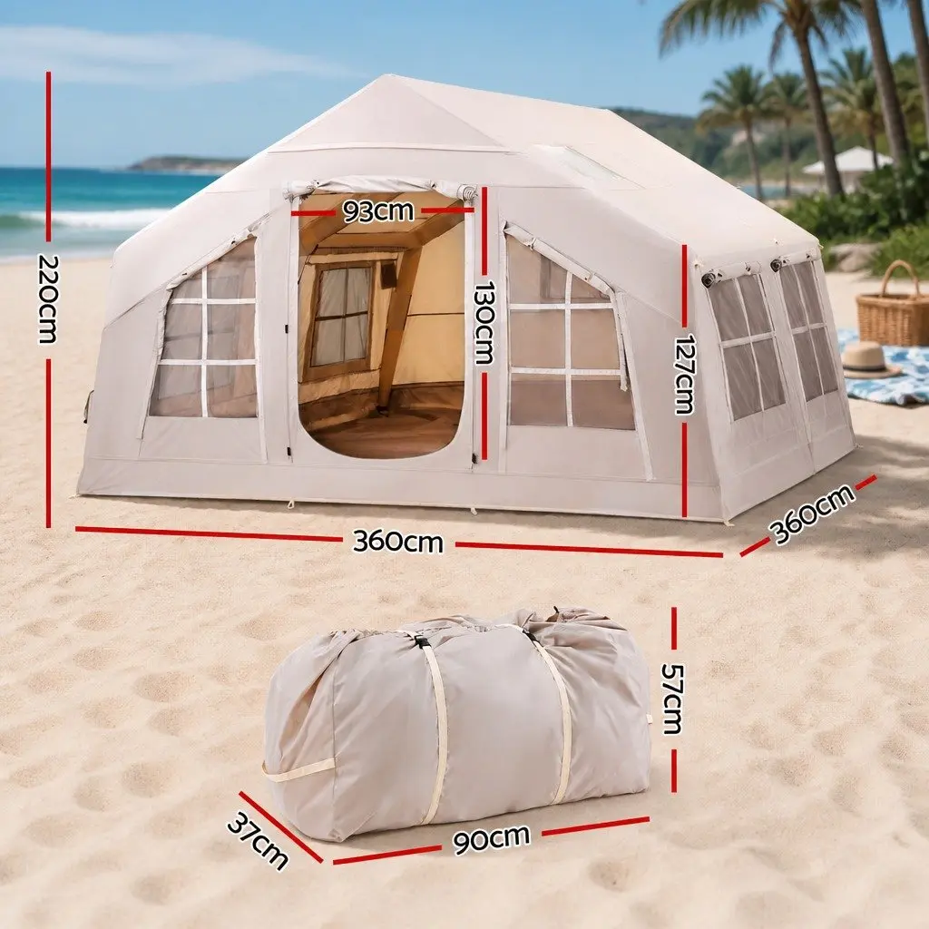 Inflatable Camping Tent Brown 360CM 6 Person Water Resistant with UV Protection and Rollable Windows