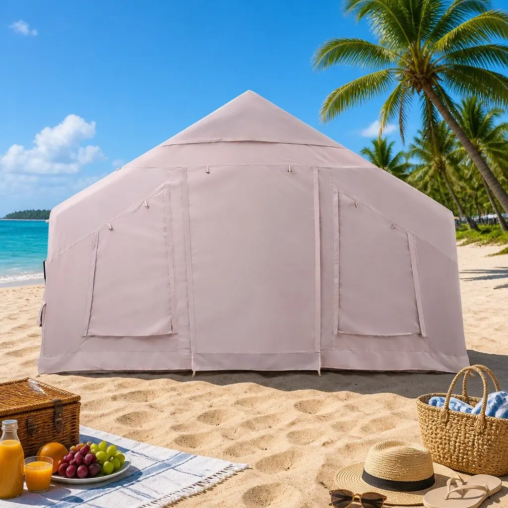 Inflatable Camping Tent Brown 360CM 6 Person Water Resistant with UV Protection and Rollable Windows