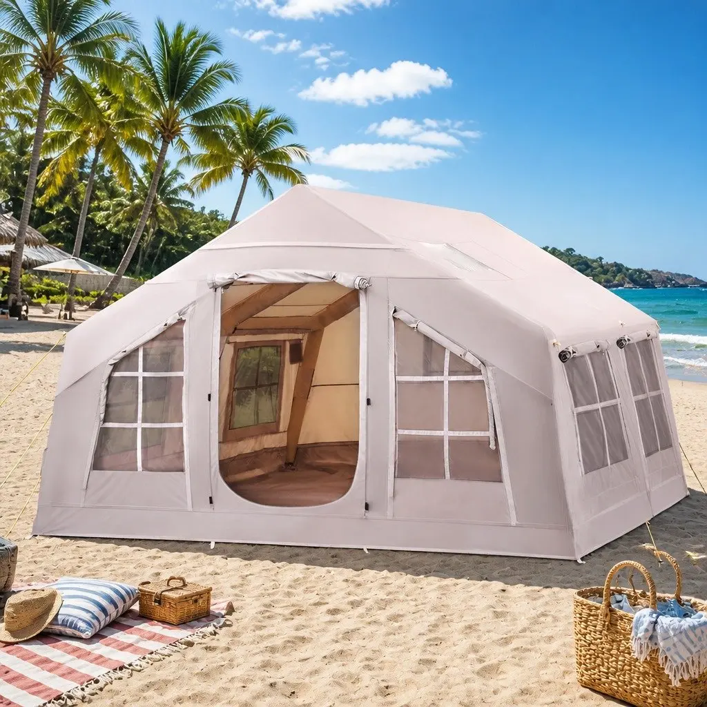Inflatable Camping Tent Brown 360CM 6 Person Water Resistant with UV Protection and Rollable Windows