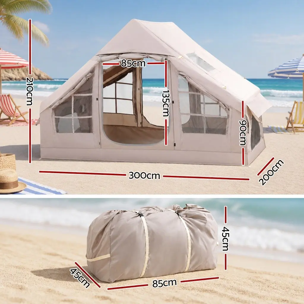 Inflatable Camping Tent Brown 300CM Large Family Outdoor with Water Resistant Fabric and UV Protection